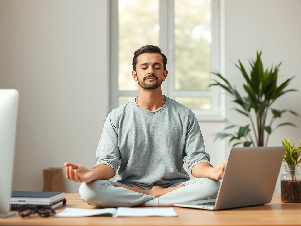 A calm individual practicing mindfulness meditation at their workspace, symbolizing the power of mindfulness exercises in managing work-related stress.