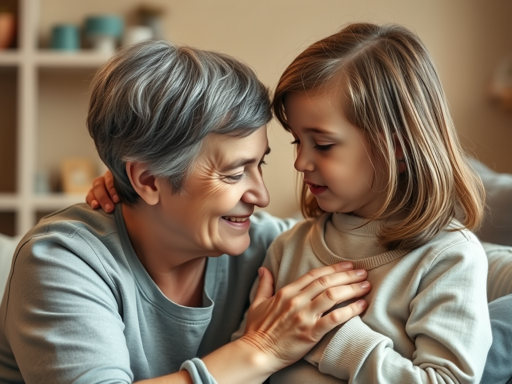 A caregiver offering reassurance to a child with Down syndrome, demonstrating supportive strategies for managing anxiety in children with developmental disabilities.
