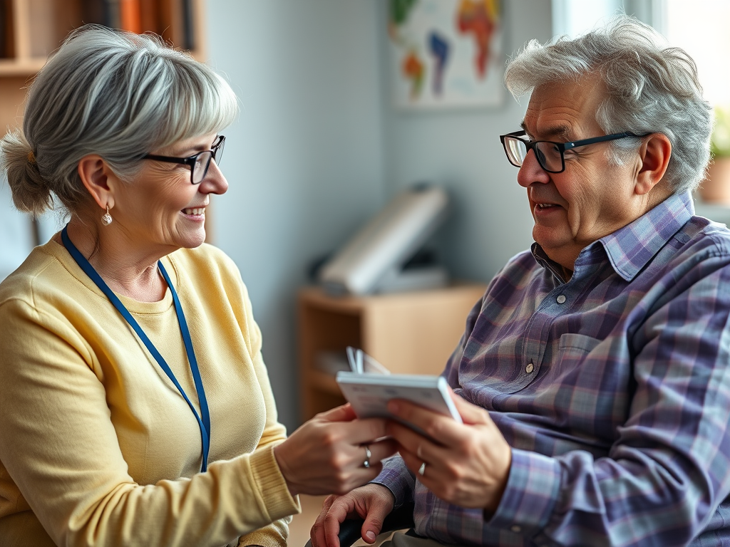 A caregiver using a picture exchange communication system (PECS) with an adult with intellectual disabilities, illustrating effective visual communication techniques.