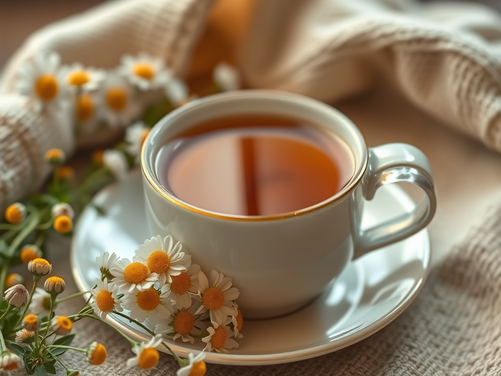 A cup of chamomile tea with a calming ambiance, symbolizing natural herbal remedies for anxiety relief.