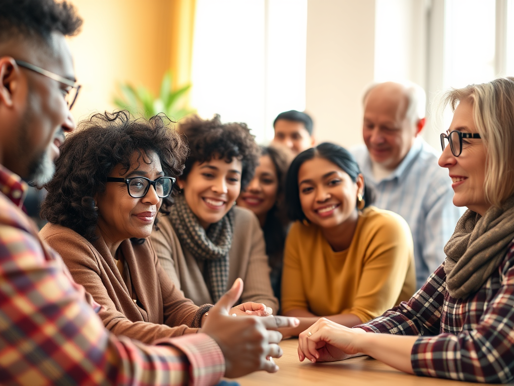 A diverse group of adults with IDD participating in a social skills training session, engaging in role-playing activities to improve communication and confidence.