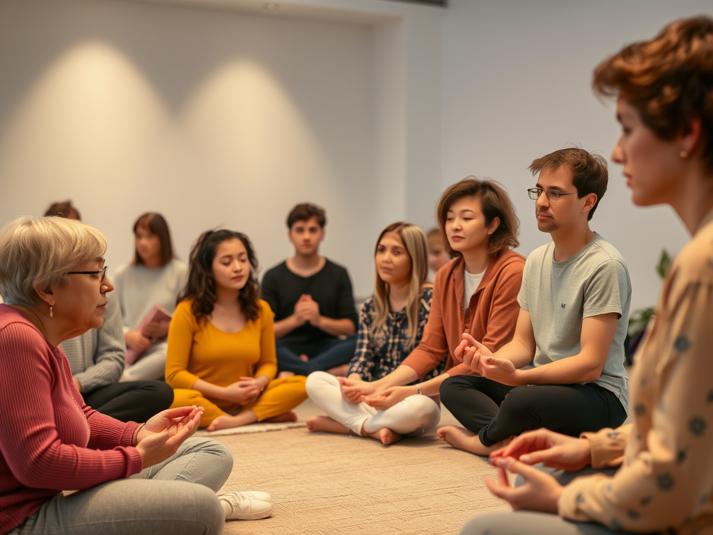 "A group mindfulness session for individuals with intellectual and developmental disabilities, incorporating sensory-based relaxation techniques."
