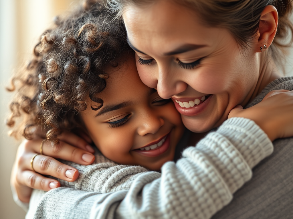 "A loving mother embraces her child with intellectual disabilities, symbolizing the importance of emotional support and coping mechanisms for parents."