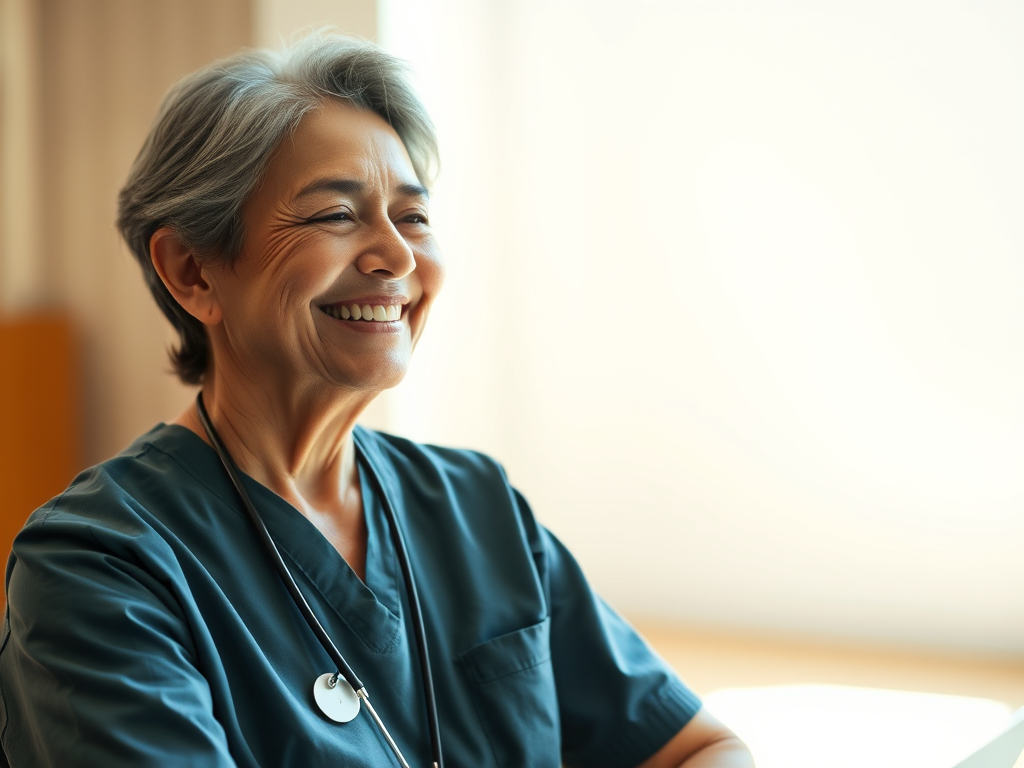 A smiling caregiver engaging in a mindfulness exercise, symbolizing the power of self-care and relaxation techniques in managing caregiver stress.