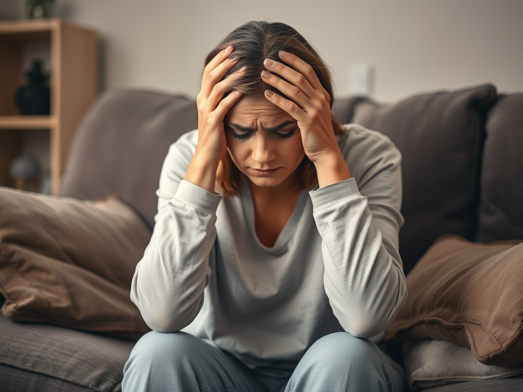 A stressed caregiver sitting on a couch, holding their head in their hands, illustrating the emotional burden of caregiving and the importance of mental health support strategies.