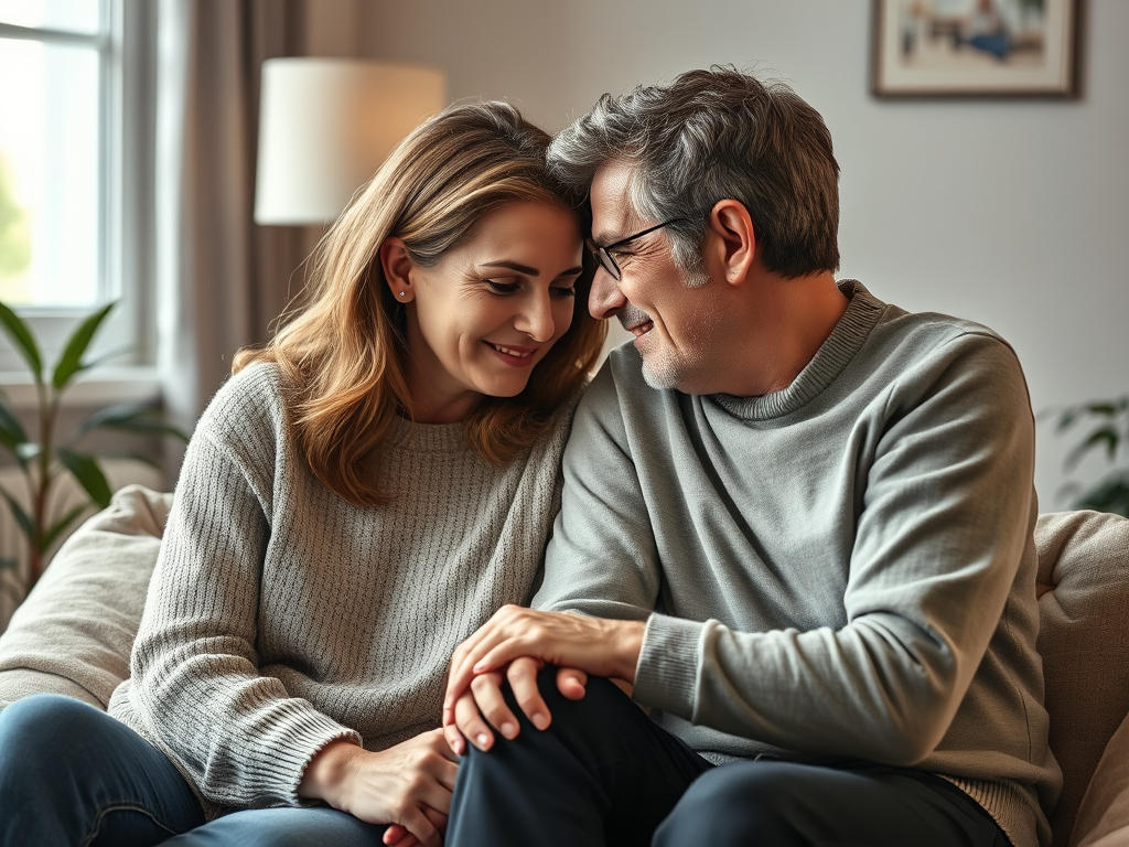 A supportive couple sitting together, engaging in a meaningful conversation about mental health and emotional support.