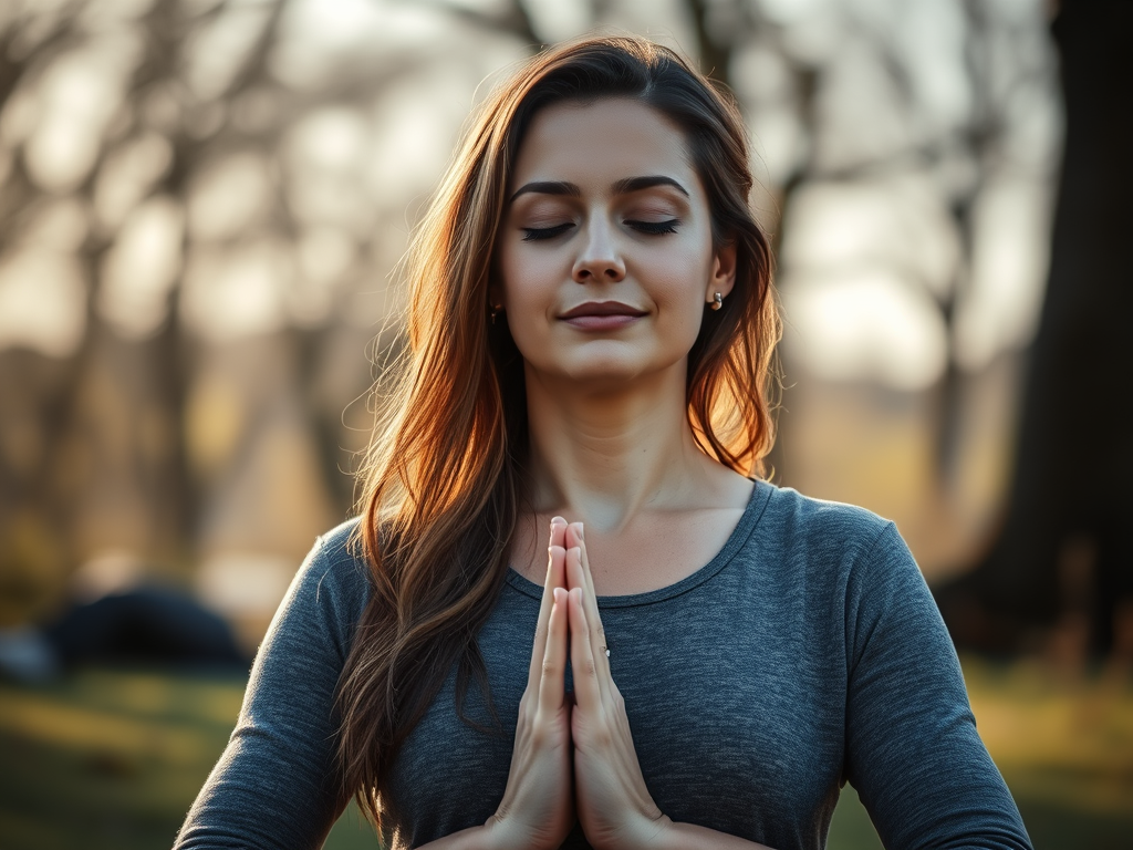 A woman practicing mindful breathing outdoors, sitting in a peaceful meditation pose.