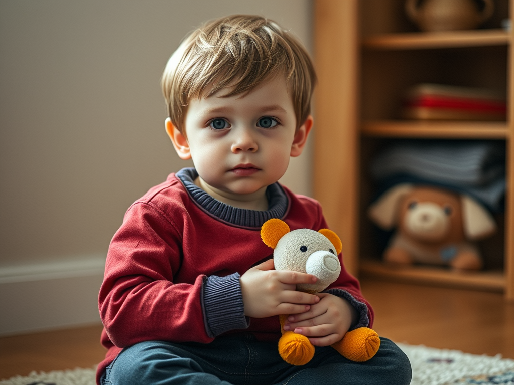 A young child with autism sitting in a quiet space, holding a comfort toy, representing a safe environment for children with developmental disabilities experiencing anxiety.