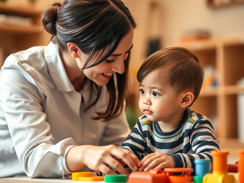 "An occupational therapist working with a child on sensory integration therapy, helping them process sensory input effectively."