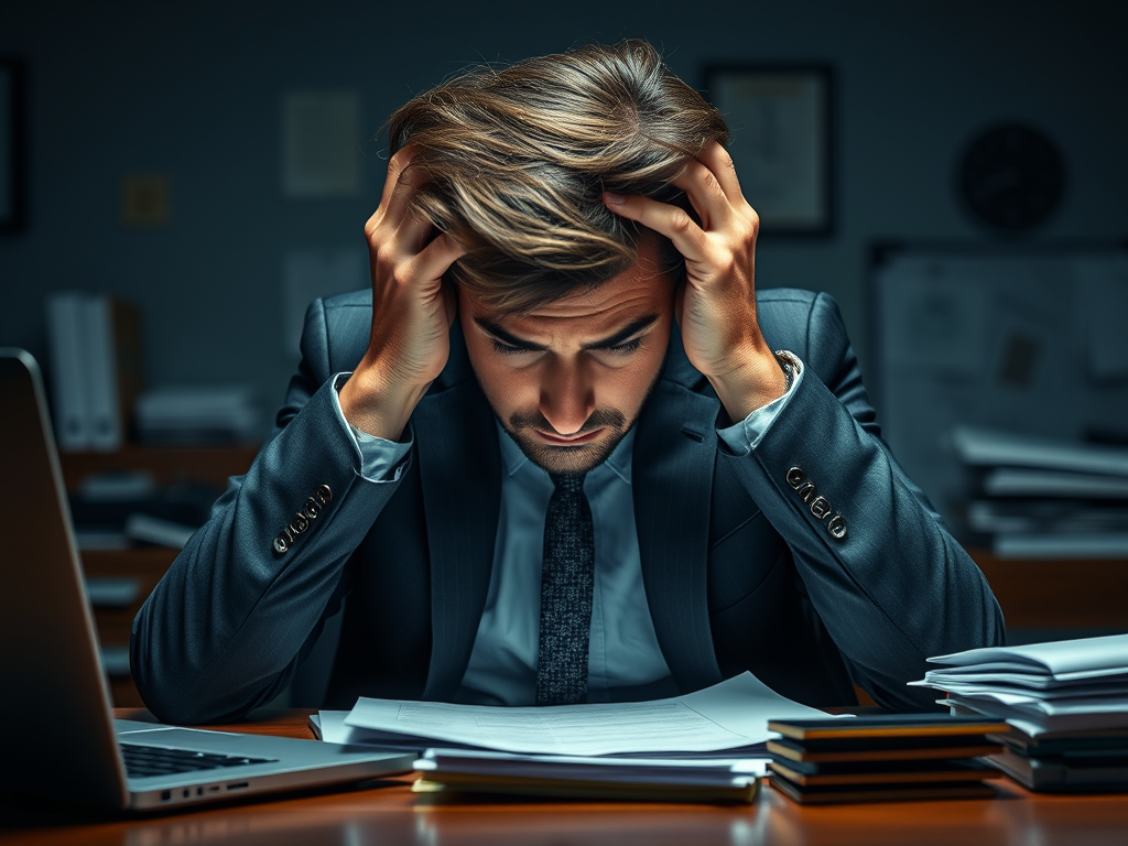 An overwhelmed professional sitting at a desk with their head in their hands, illustrating the impact of workplace stress and the need for effective stress management techniques.