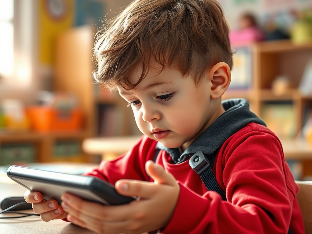 Image of a child using assistive technology: "Assistive technology helps children with developmental delays engage in learning and communication more effectively."