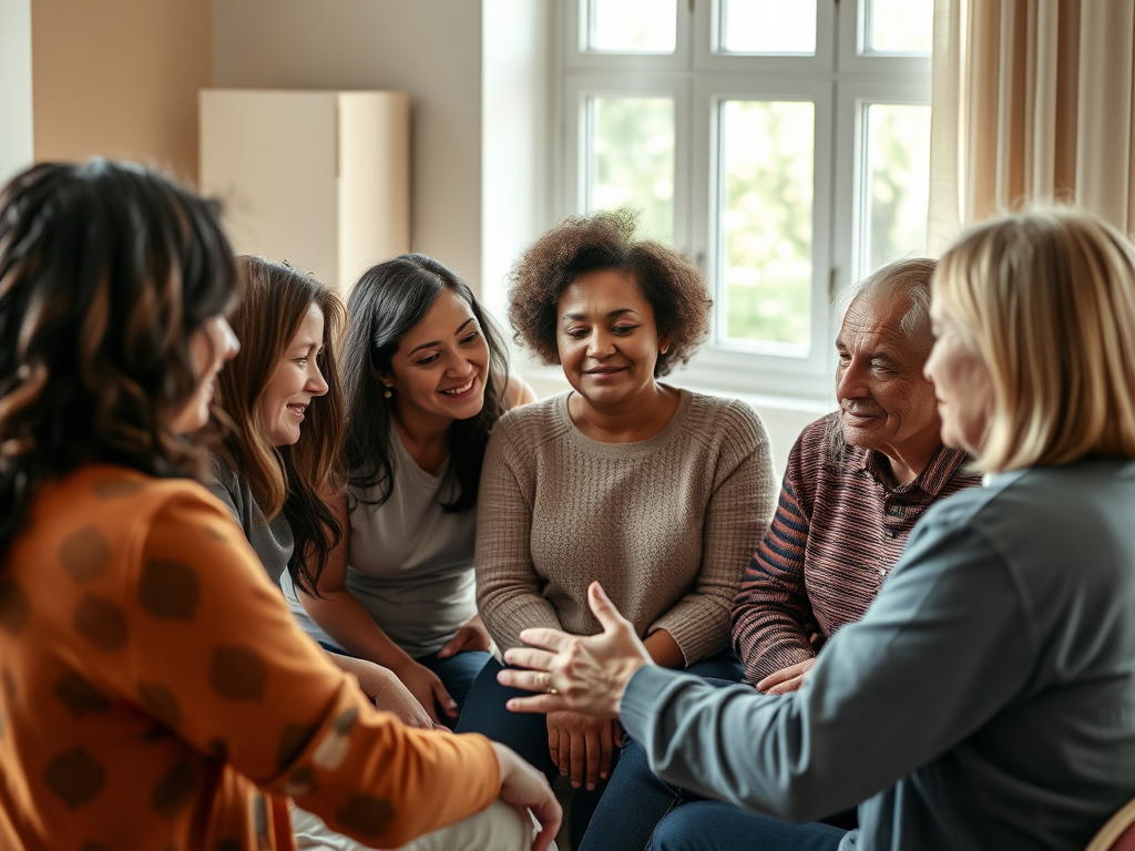 Image of a group therapy session with participants sharing and discussing in a circle: "Group therapy for social anxiety provides support, exposure, and social skills practice in a safe, compassionate environment."