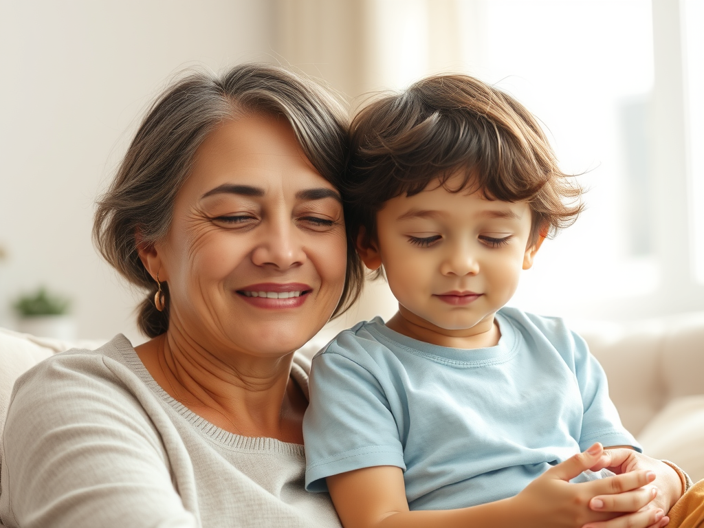 Image of a parent and child enjoying a calm moment together: "Practicing positive communication and self-care can reduce back-to-school stress for parents and children alike."
