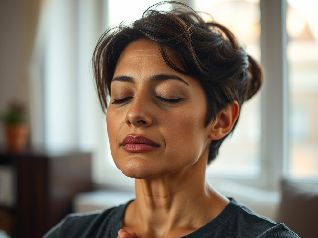 Image of a parent practicing deep breathing: "Stress-reduction techniques like deep breathing help parents manage anxiety during the busy back-to-school season."
