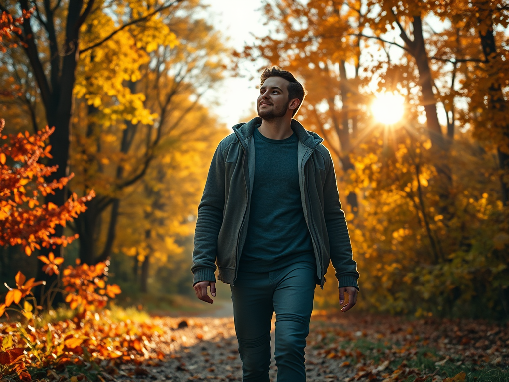 Image of a person enjoying a peaceful fall walk: "Taking time to embrace the fall season with outdoor walks can help boost your mental health and reduce stress."
