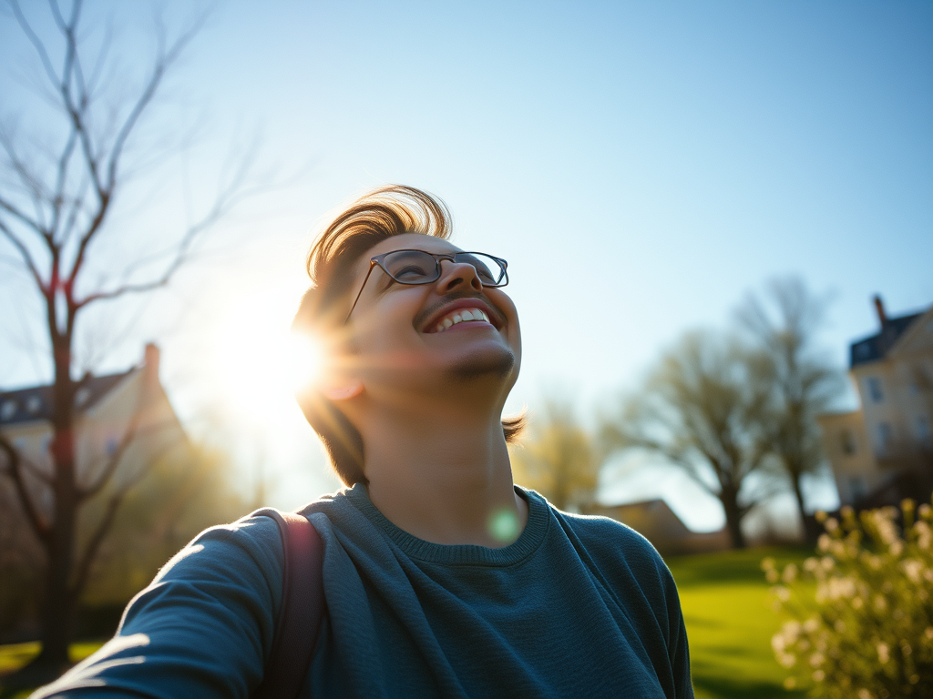 Image of a person enjoying early spring sunlight: "Light exposure is key to managing seasonal depression. Take advantage of sunny days to boost your mood."