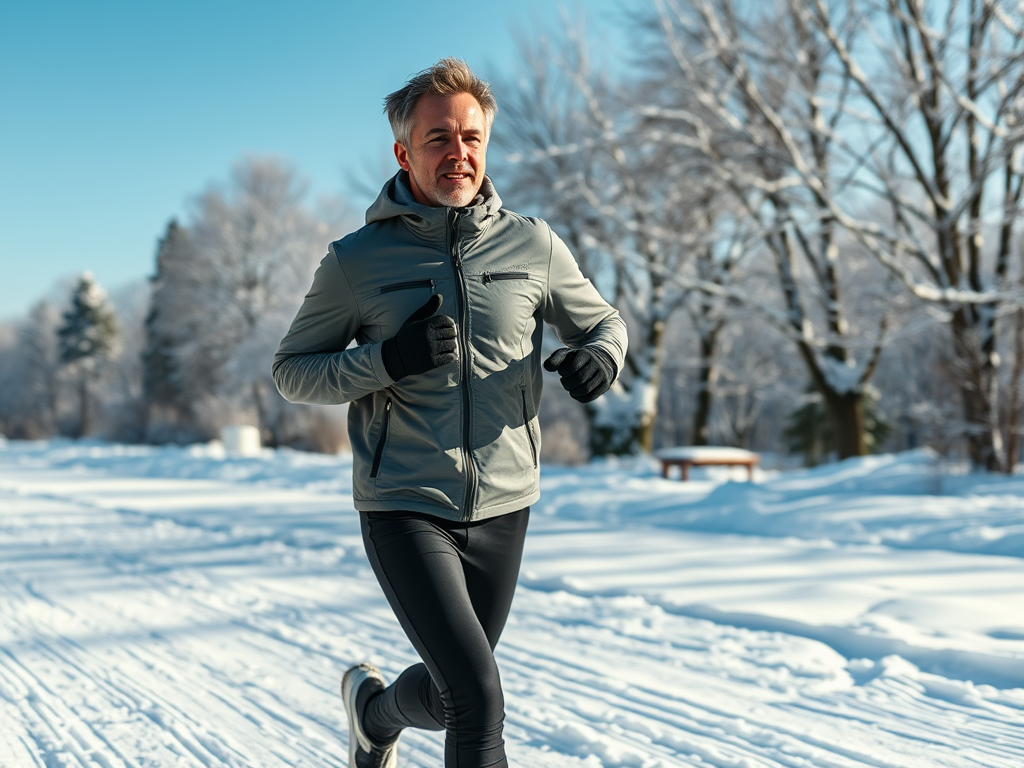 Image of a person exercising outdoors: "Regular exercise during the winter can help manage Seasonal Affective Disorder and improve mental health."