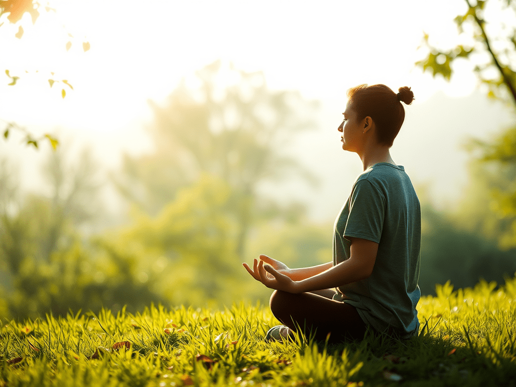 Image of a person meditating outdoors: "Practicing mindfulness and meditation helps improve emotional resilience by reducing stress and increasing awareness."