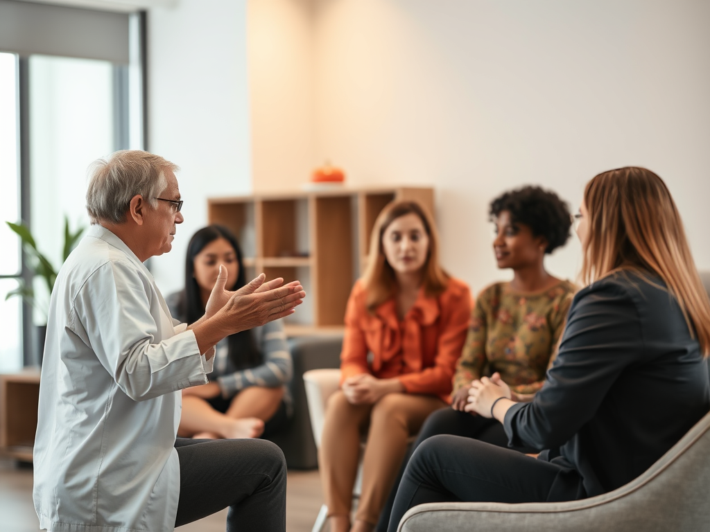 Image of a person practicing conversation skills with a therapist in a group setting: "Group therapy helps individuals with social anxiety build confidence, improve communication, and reduce feelings of isolation."