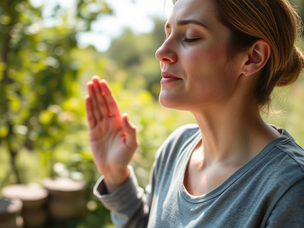 Image of a person practicing deep breathing outdoors: "Deep breathing exercises can help manage social anxiety at summer gatherings and reduce physical symptoms of stress." 