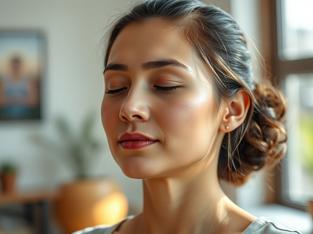 Image of a person practicing mindfulness with a calm and relaxed expression: "Manage burnout with mindfulness techniques and self-care strategies"