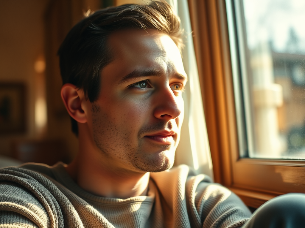 Image of a person sitting by a window enjoying sunlight: "Get more natural light during winter months to help alleviate Seasonal Affective Disorder and boost your mood."