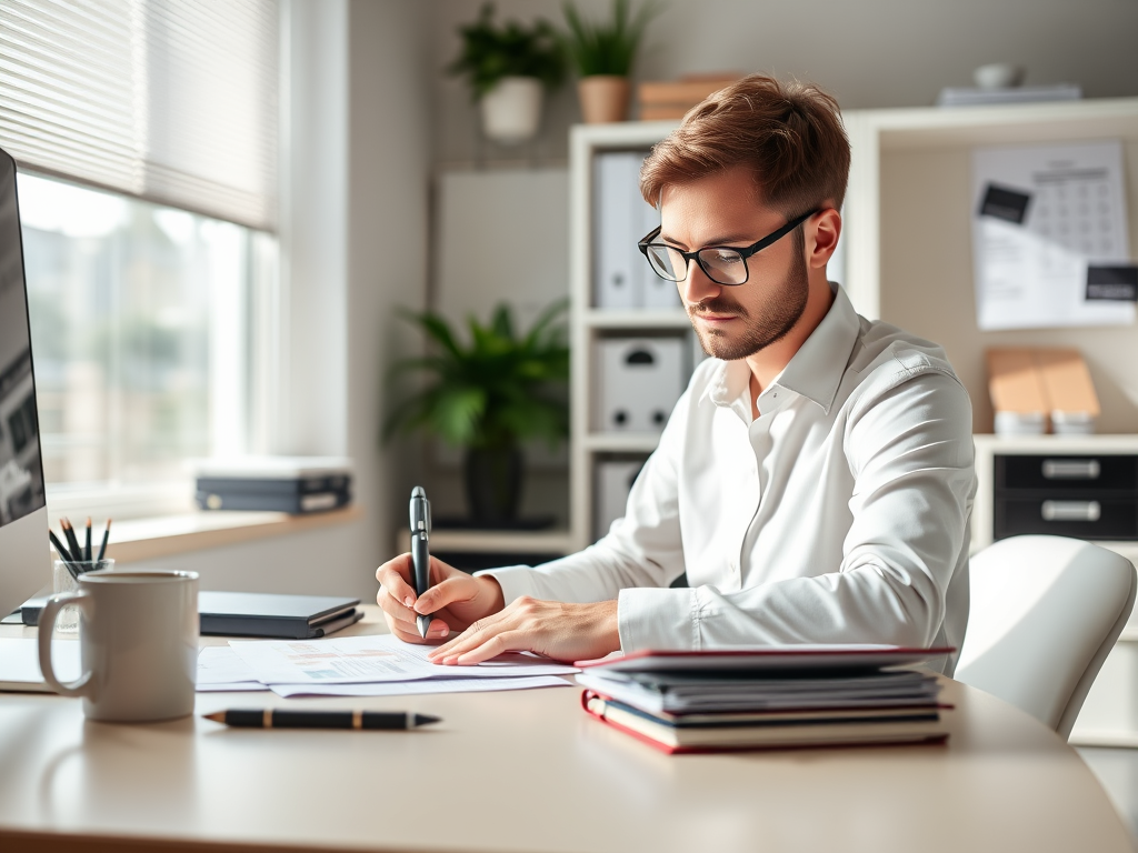 Image of a person working on taxes with a clear desk and coffee: "Stay organized and reduce tax season anxiety by setting up a calm, efficient workspace for managing your taxes."