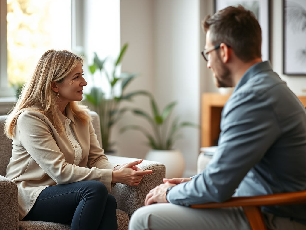 Image of a therapist with a couple: "Couples counseling at Onesta Therapy Co. helps partners develop better communication skills for a healthier relationship."