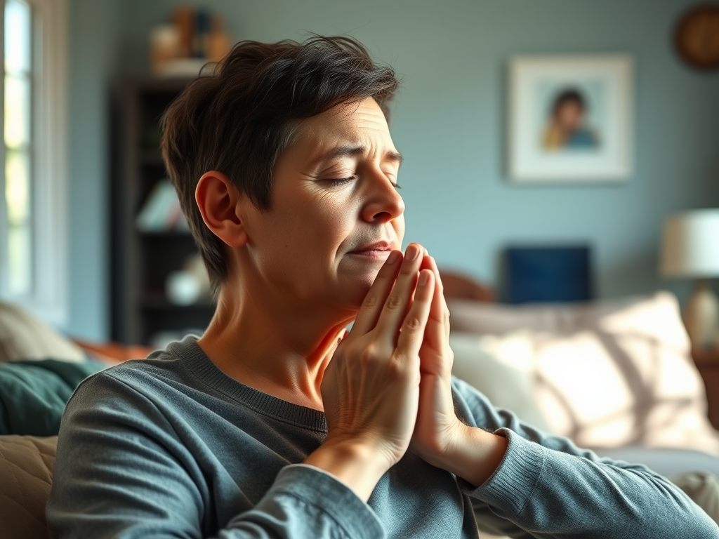 A calm, comforting scene of a patient practicing breathing exercises at home to cope with fear before spinal cord stimulator surgery.
