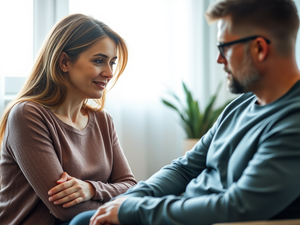A calm, compassionate therapy session between a mental health counselor and client discussing chronic pain management alternatives after spinal cord stimulator failure.