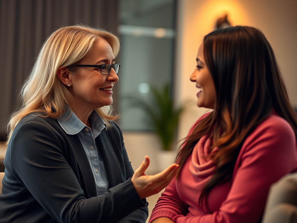 A compassionate therapist sitting with a client discussing mental health support options before spinal cord stimulation.