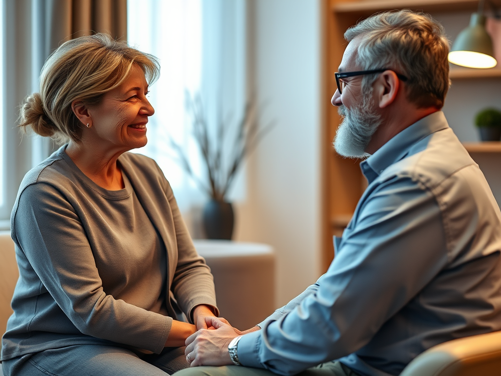 A compassionate therapist speaking with a patient about emotional preparation and anxiety management before spinal cord stimulator implantation.
