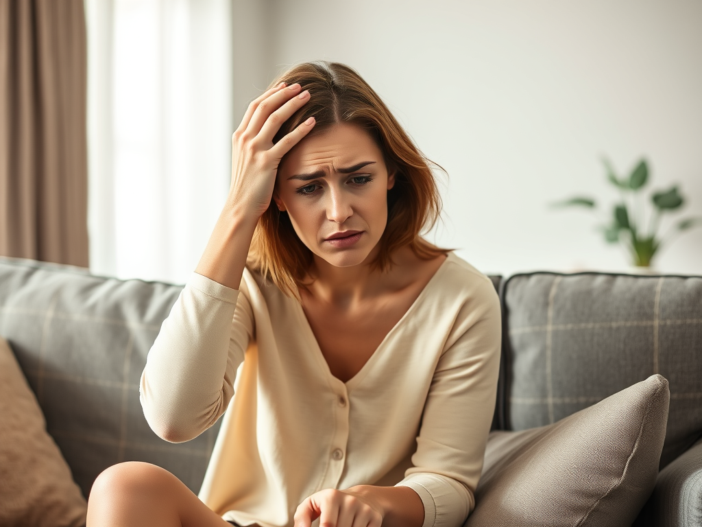 "Frustrated woman sitting on couch with hand on head, reflecting emotional impact of failed spinal cord stimulator trial."