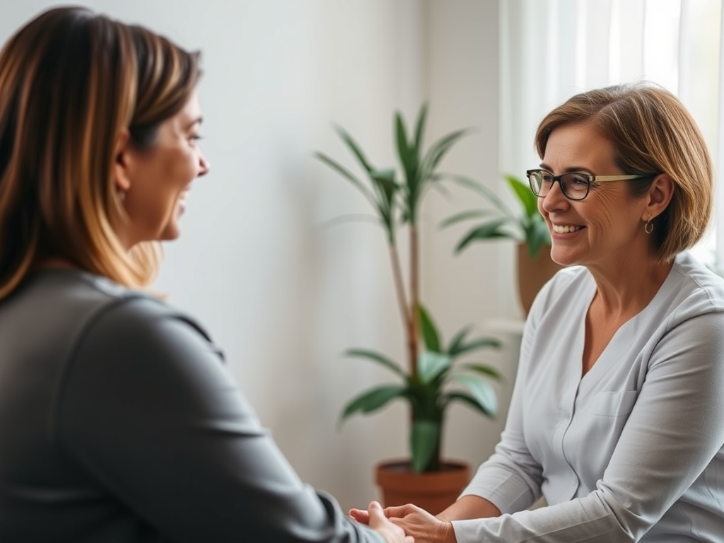 Image of a compassionate therapist speaking with a client during a pre-surgical psychological evaluation for spinal cord stimulator surgery, emphasizing emotional support and holistic care.