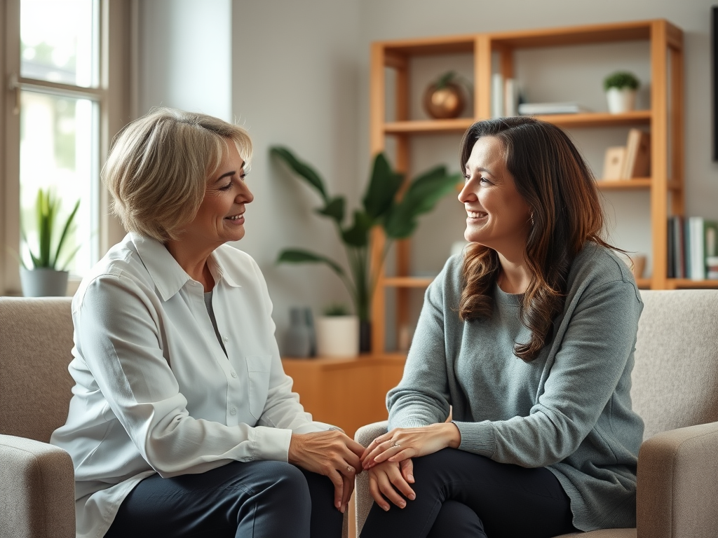 Image of a therapist and client in a warm, supportive office setting discussing coping strategies for managing mental health after nerve stimulation therapy.
