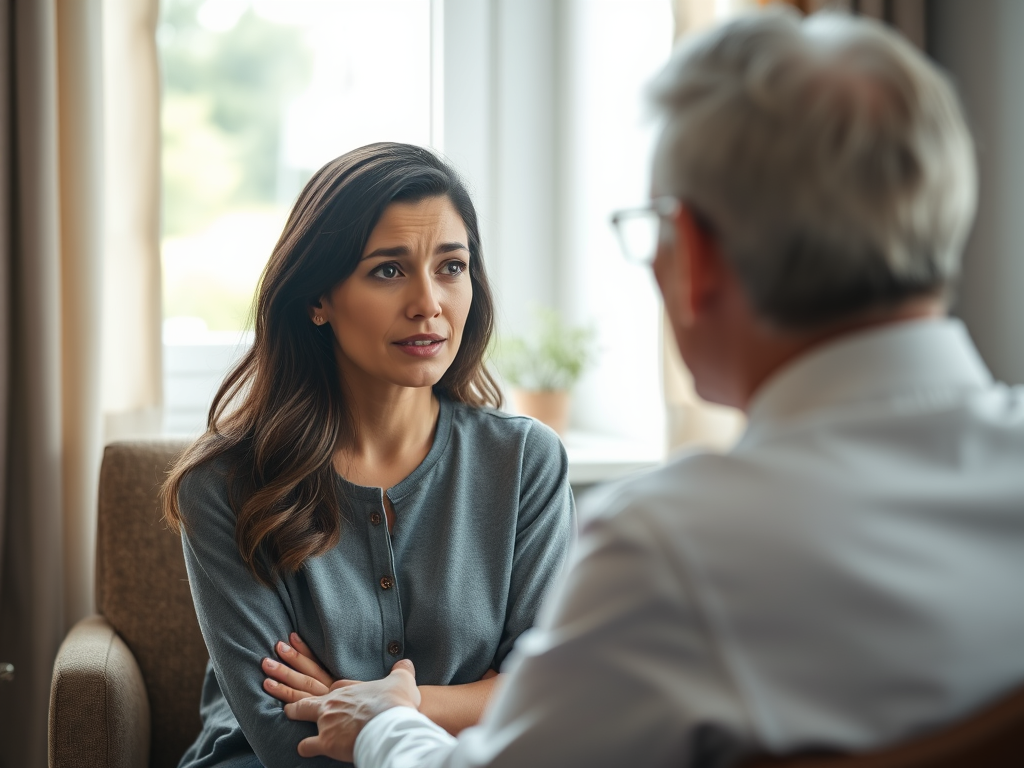 "Woman sitting with a therapist, discussing mental health before spinal cord stimulator surgery—an important step in SCS eligibility screening."