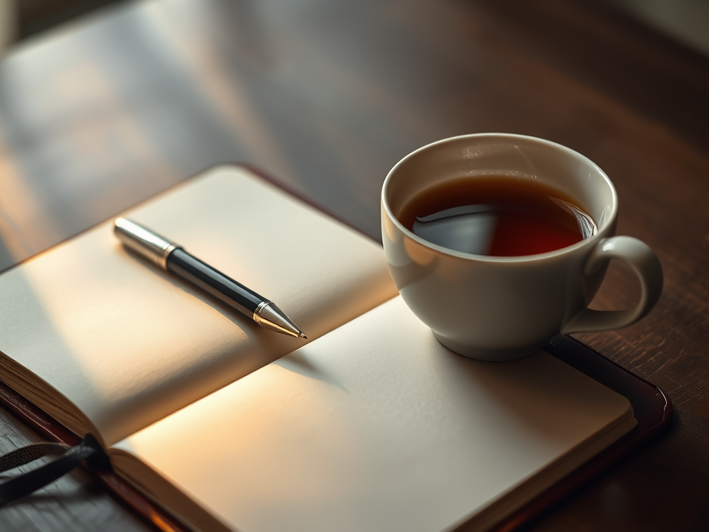 “A gentle-lit journal and pen beside a soothing cup of tea, symbolizing reflection and self-trust while dating after narcissistic abuse.”