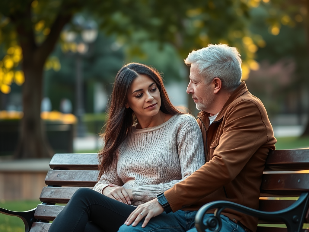 “Couple sitting quietly together on a park bench, symbolizing support, mental health struggles, and dating with depression.”