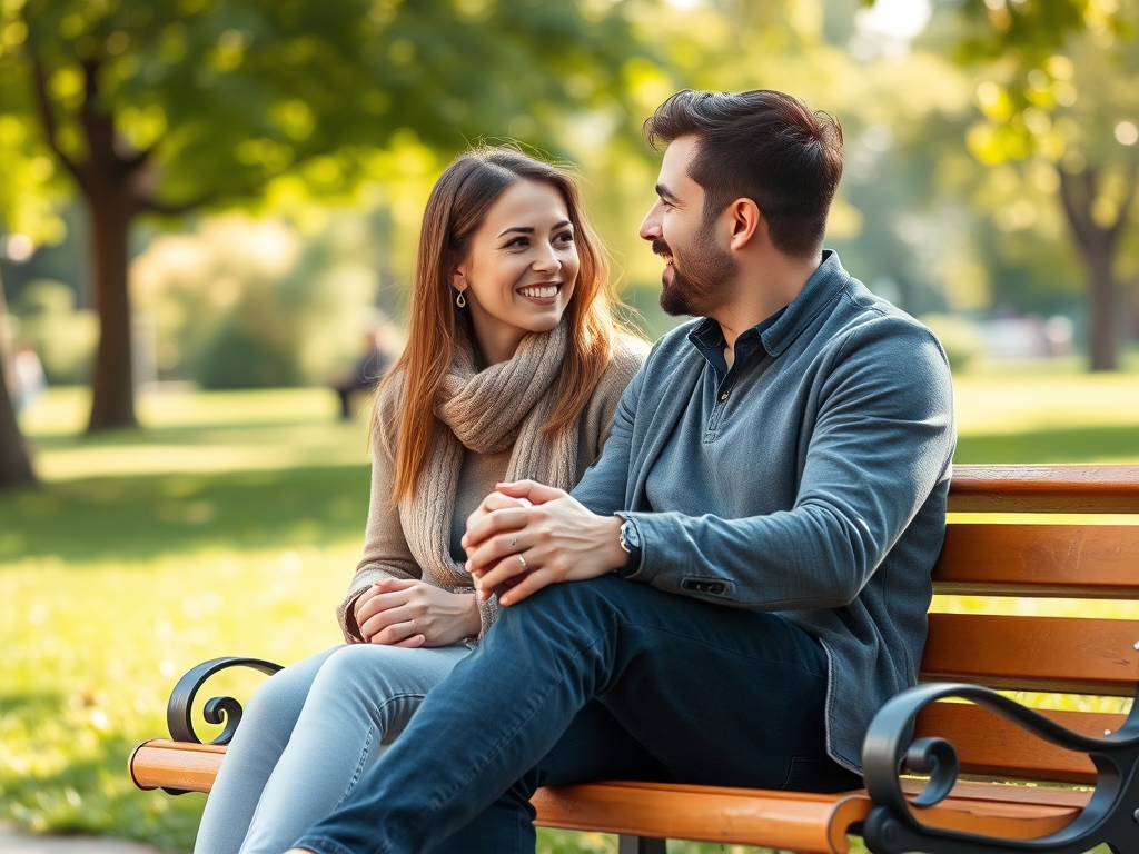 “Couple talking on a park bench, symbolizing open communication and emotional boundaries in new dating relationships.”