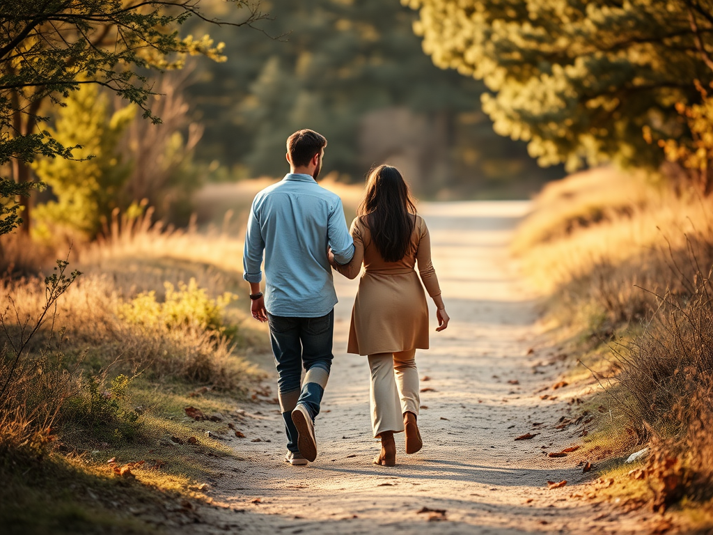 “Couple walking peacefully in nature with space between them, symbolizing boundaries and emotional safety.”
