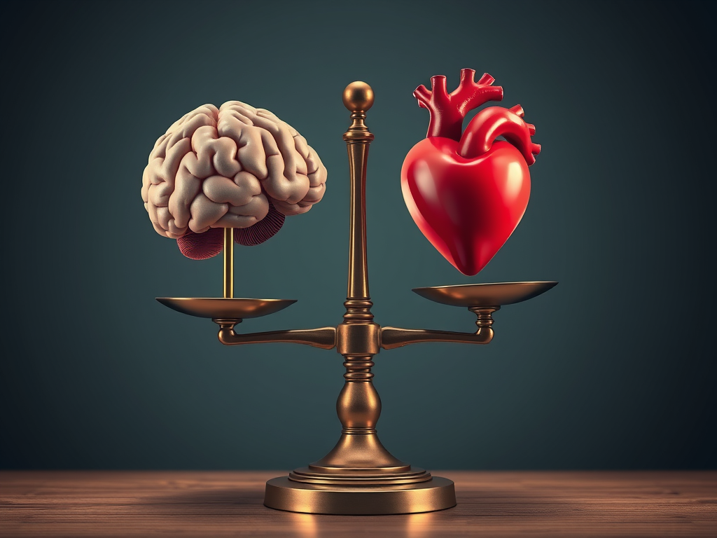 "Illustration of a brain and heart trying to balance on a scale, representing the struggle of overthinking in dating."