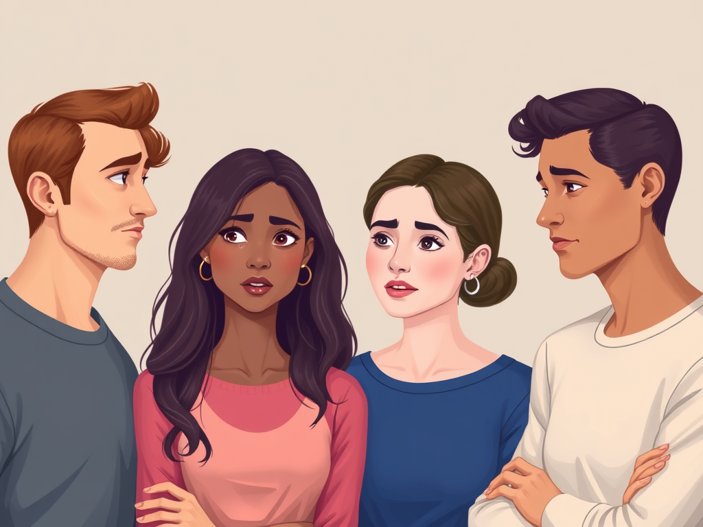 “Illustration of four diverse adults with labels: secure, anxious, avoidant, fearful attachment styles, symbolizing understanding of attachment in dating.”