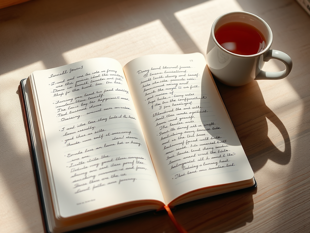 “Notebook open with journal entries and a cup of tea, representing tracking thoughts, intentions, and self-care while dating.”