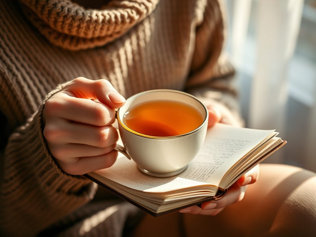 “Person holding a comforting cup of tea while journaling in soft natural light, reflecting self‑care and emotional grounding in dating.”