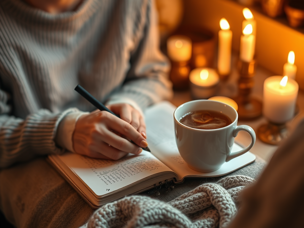 “Person journal-writing with candles and tea, illustrating mindful self-care while healing and dating.”