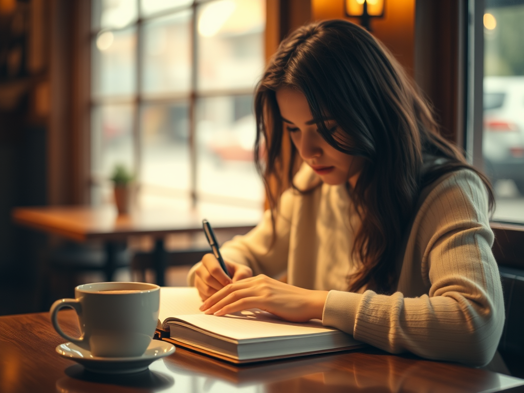 “Person journaling alone with coffee, representing self-awareness and emotional boundary setting before entering a relationship.”