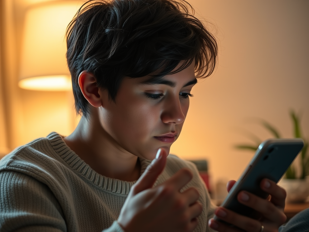 Person looking thoughtful while reading sweet texts on their phone, representing contemplation around intense early affection and love bombing.