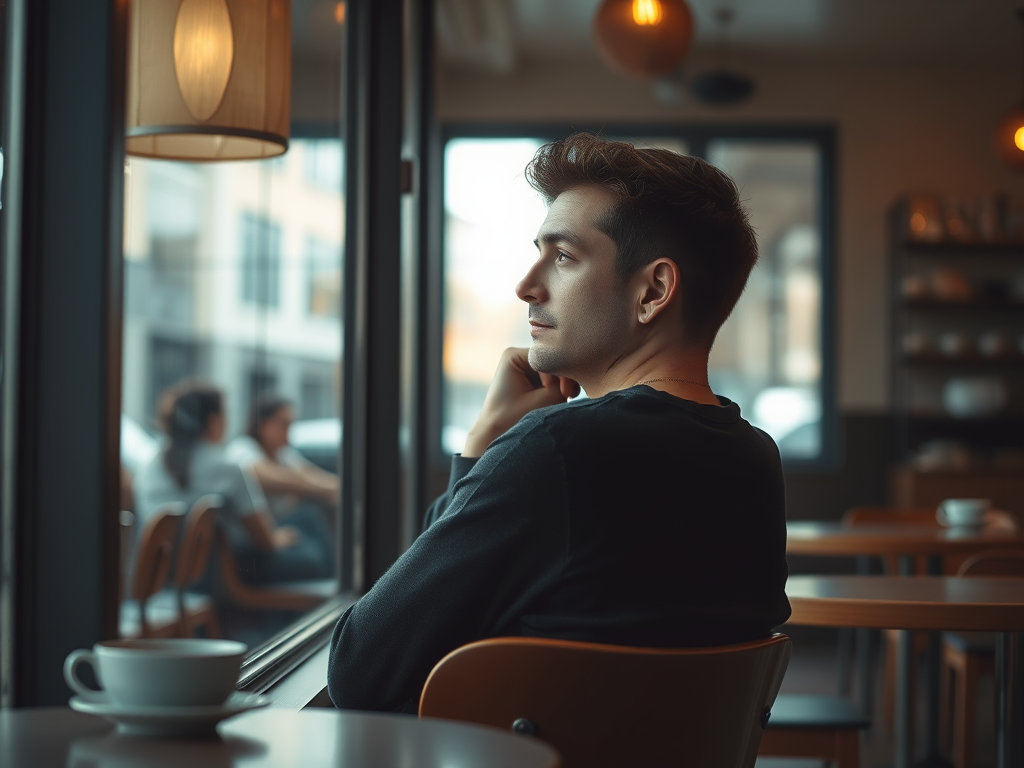 “Person sitting alone at a coffee shop, thoughtfully gazing out the window, representing emotional distance and unavailability.”