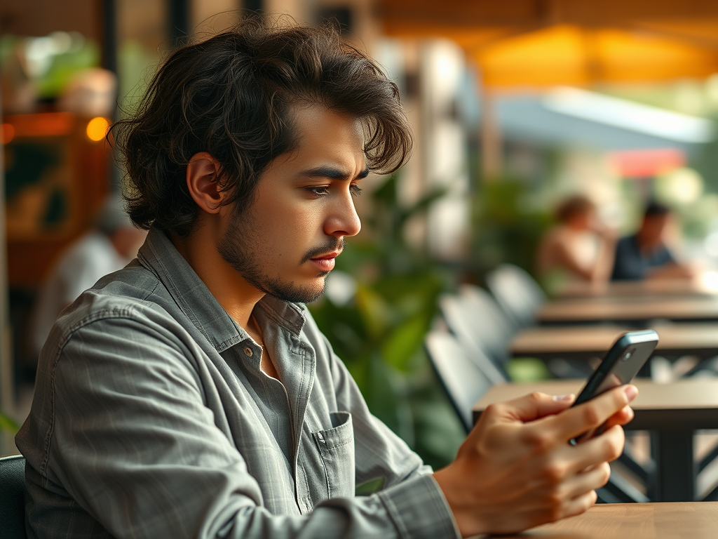 “Person sitting at a café with their phone, taking deep breaths before a first date—visualizing grounded dating anxiety strategies.”