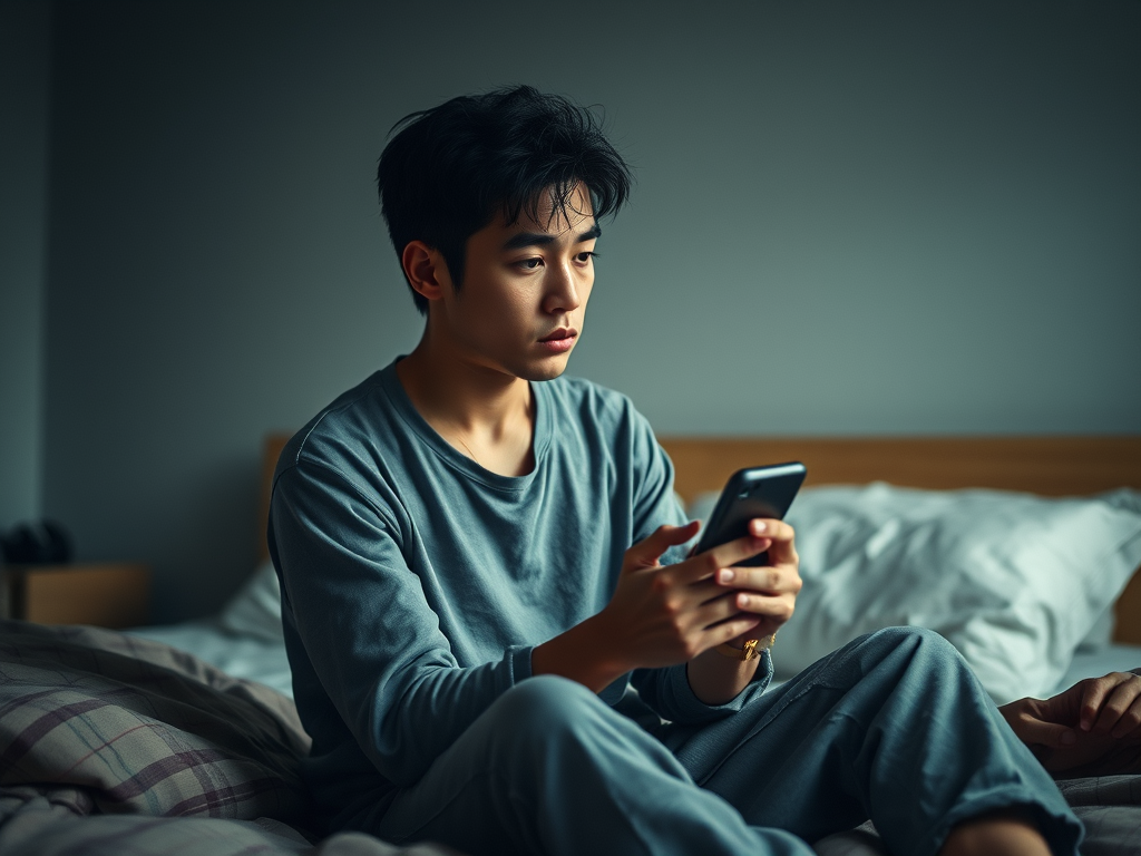 “Person sitting on a bed looking thoughtful while holding their phone, representing dating with depression and low emotional energy.”